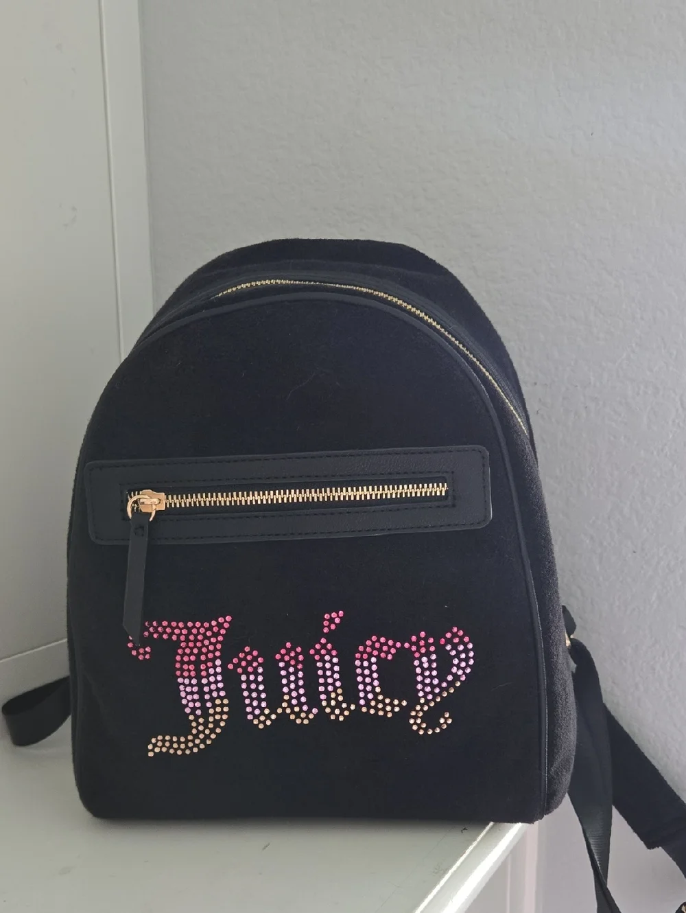 Juicy Couture Black Mini Backpack with Pink-to-Gold Rhinestone Logo